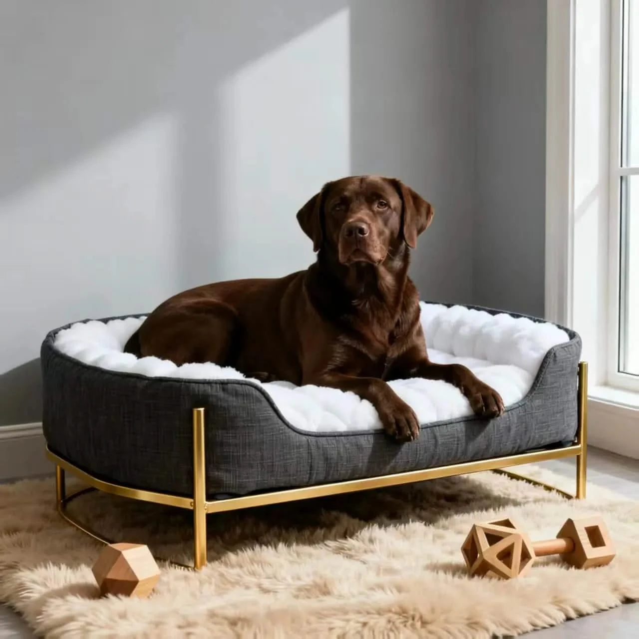 High-End Dog Bed, Modern Platform Design, Gold Metal, Customizable Size, All-Season