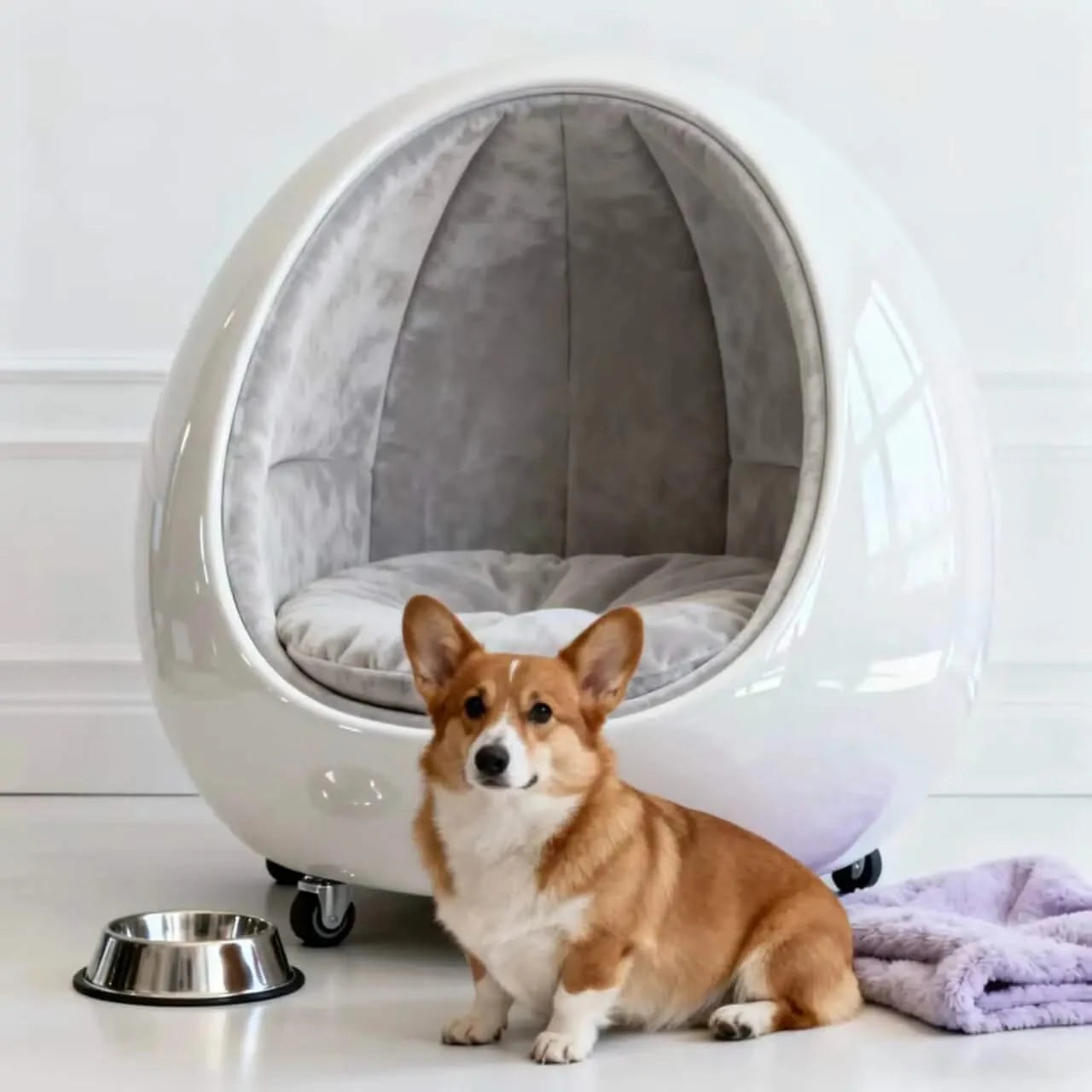 Stylish Dog Bed, Capsule Pod Design, Transparent Acrylic, Gray, Space-Saving Cave