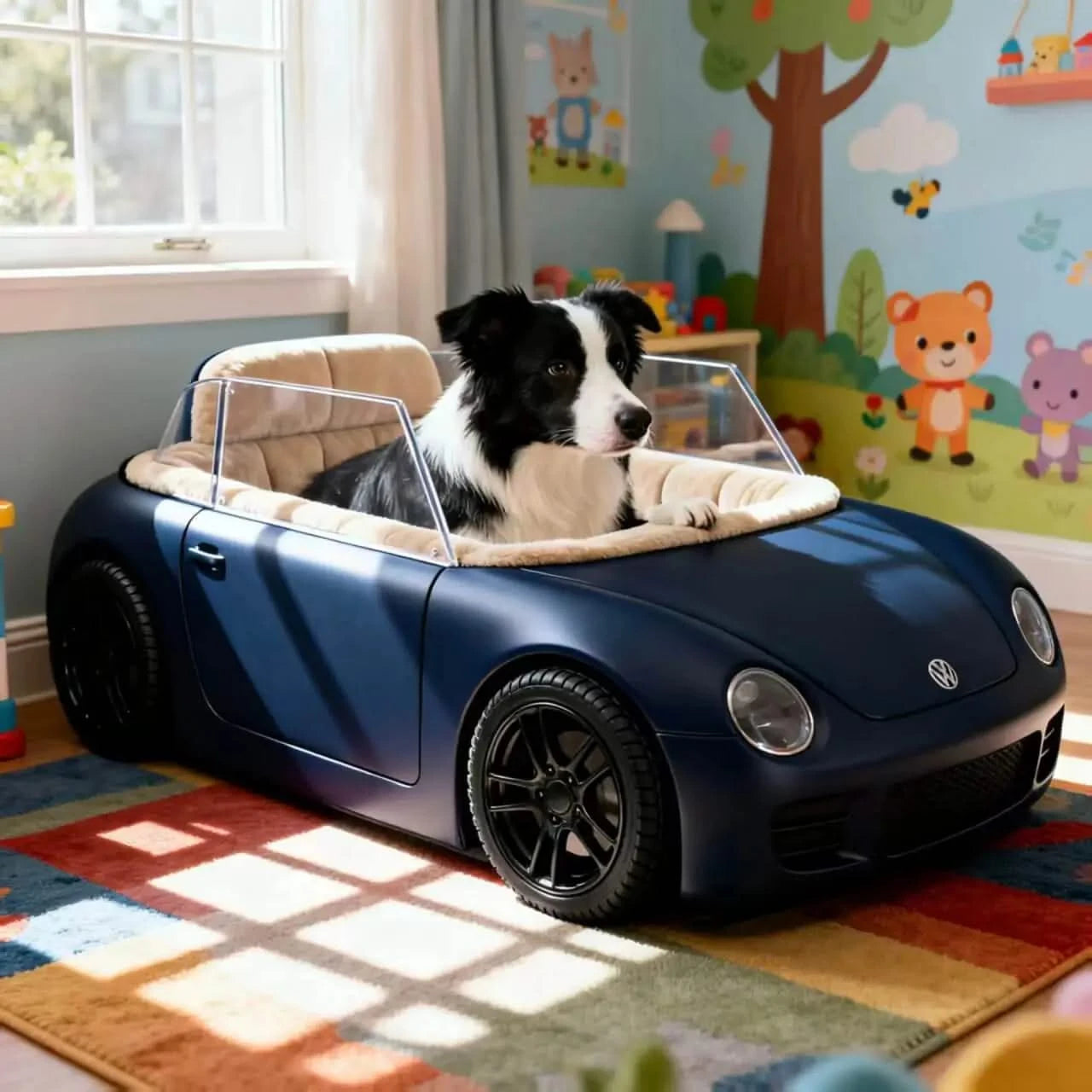 Luxury Pet Bed for Dogs, Convertible Car Shape, Navy/Beige, Plush Seats, All-Season