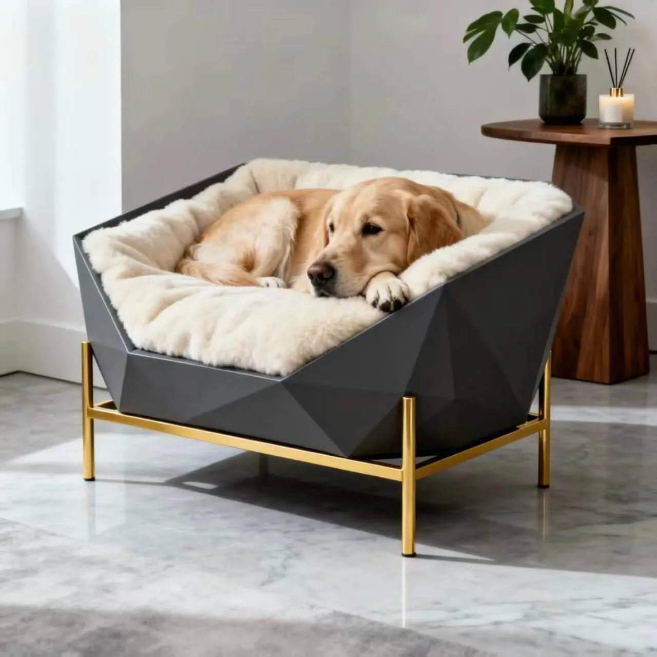 Custom-Made Pet Bed for Dogs, Fleece Cushion, Gold Metal Frame, Grey & White