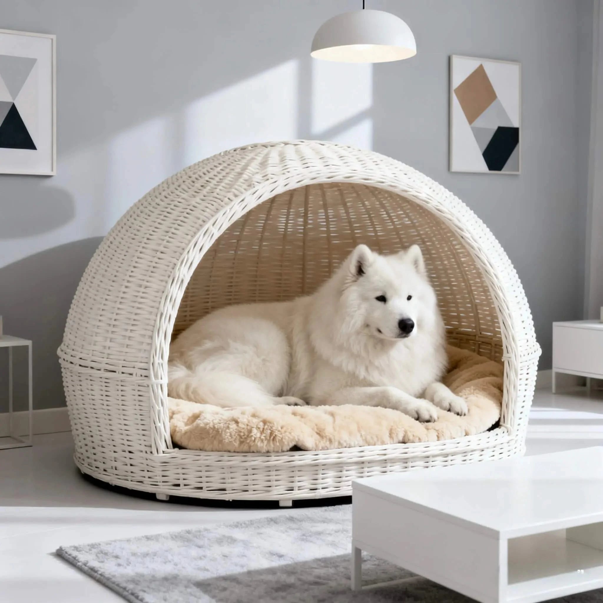 Natural Dog Bed, Dome Wicker Design, Handwoven Rattan, White, Calming Nest