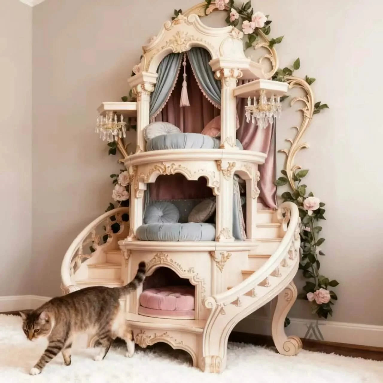 Cat Bed, Castle Shape, Wooden Structure, Multi-Level Rest, Floral Trim, All-Season