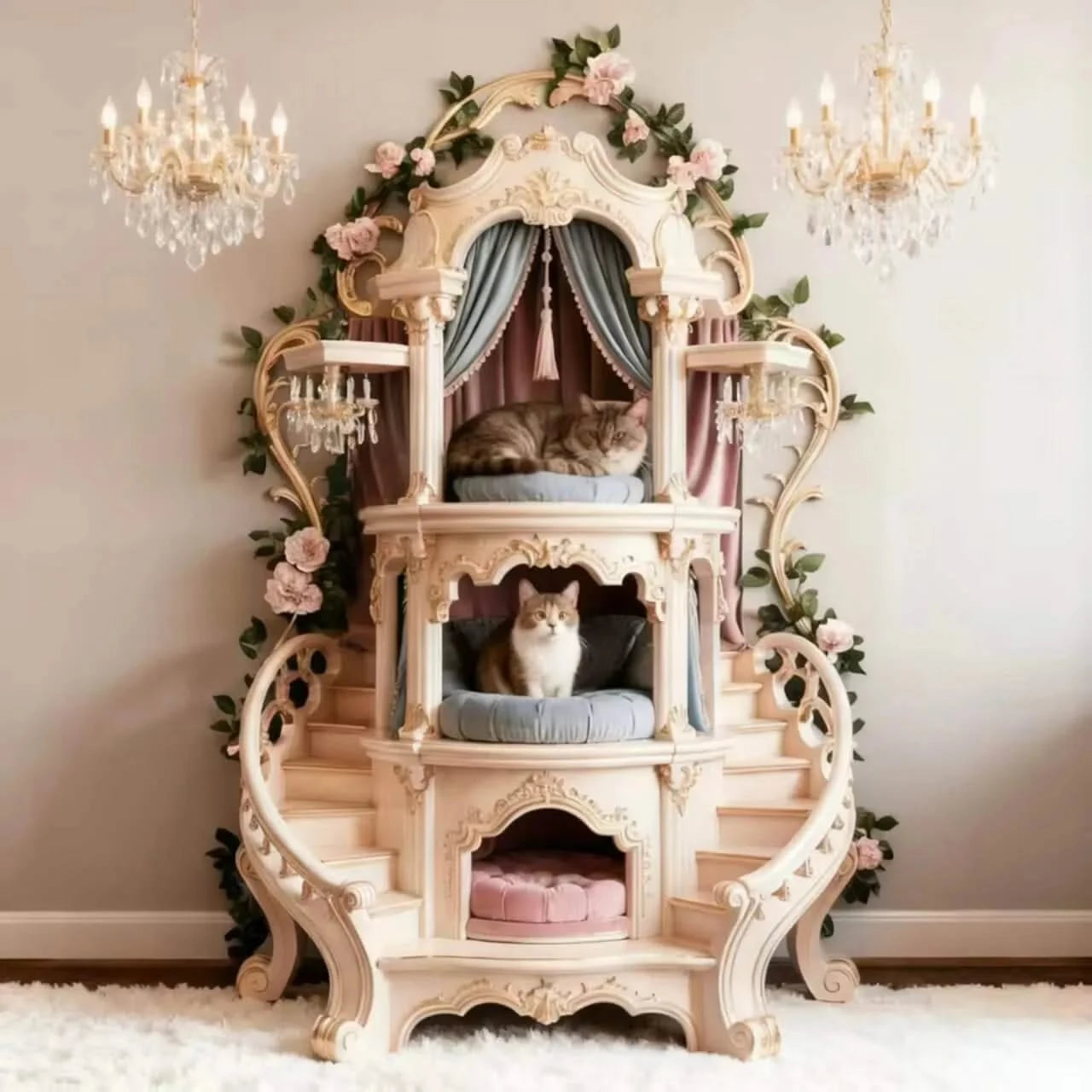 Cat Bed, Castle Shape, Wooden Structure, Multi-Level Rest, Floral Trim, All-Season