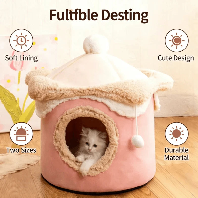 Comfortable Durable Cat Nest: Pink-Beige Plush, 2 Sizes, Built-in Ball Toy for Cats