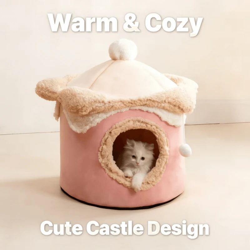 Comfortable Durable Cat Nest: Pink-Beige Plush, 2 Sizes, Built-in Ball Toy for Cats