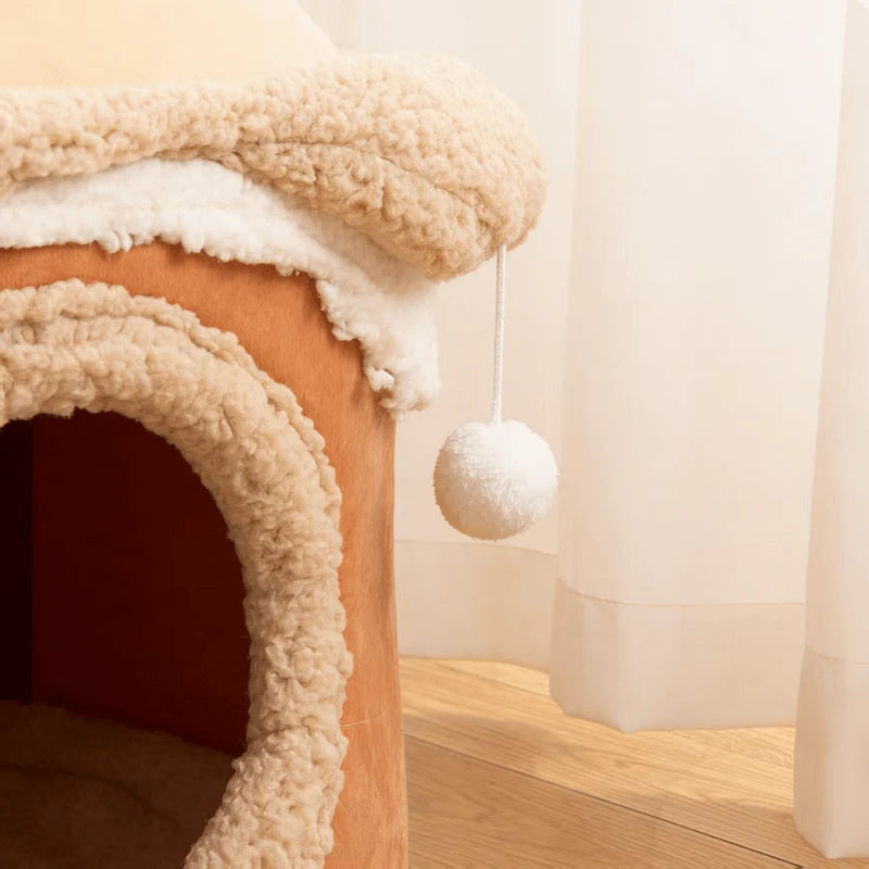 Comfortable Durable Cat Nest: Pink-Beige Plush, 2 Sizes, Built-in Ball Toy for Cats