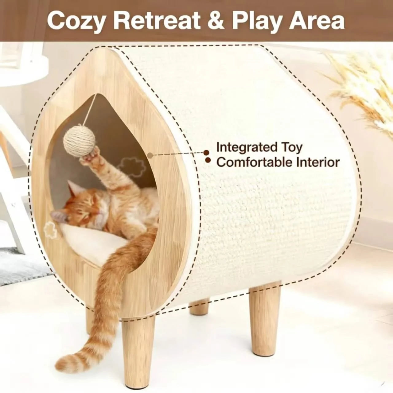 Modern Solid Wood Cat House with Scratching Wall, Cozy Cave Hideout for Indoor Cats