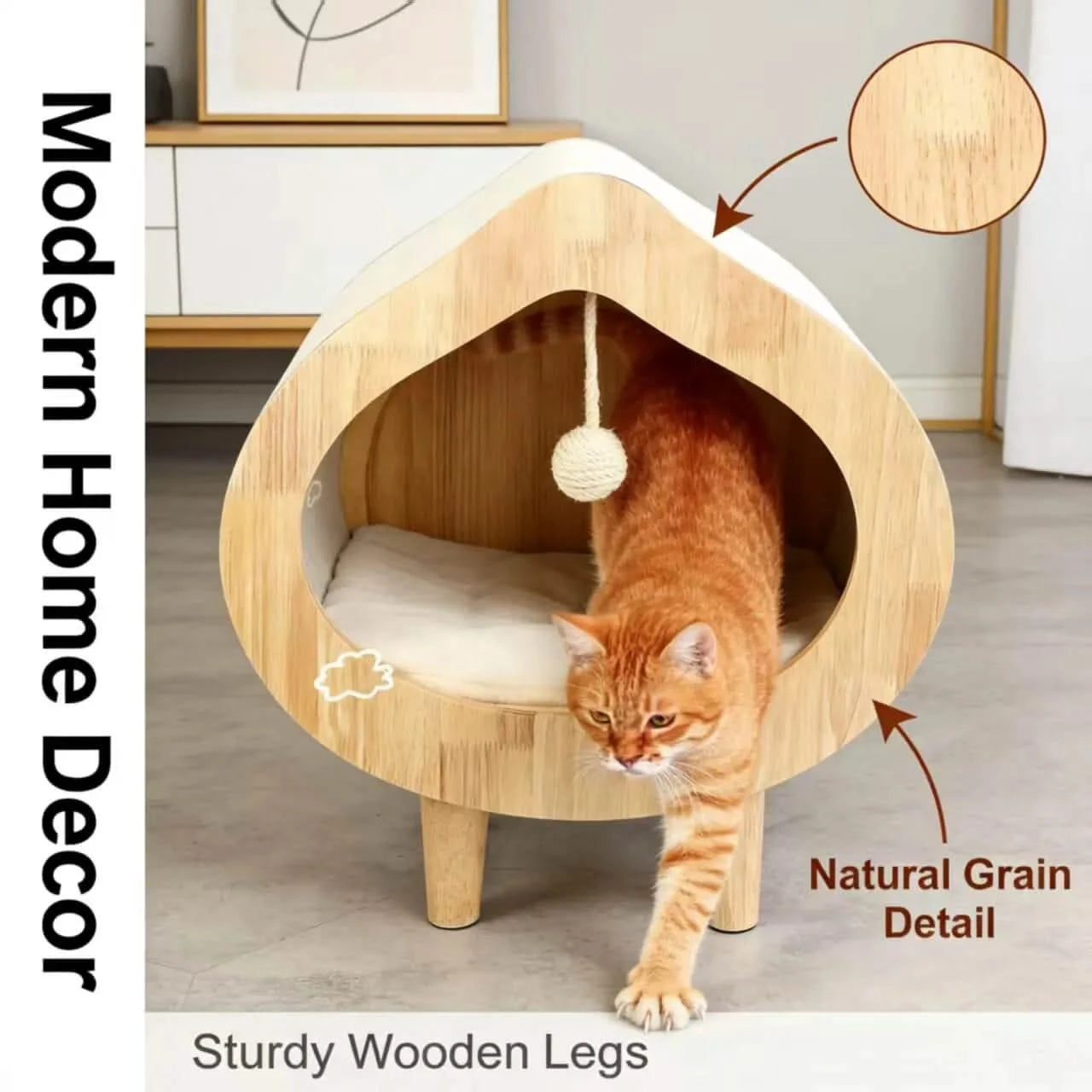 Modern Solid Wood Cat House with Scratching Wall, Cozy Cave Hideout for Indoor Cats