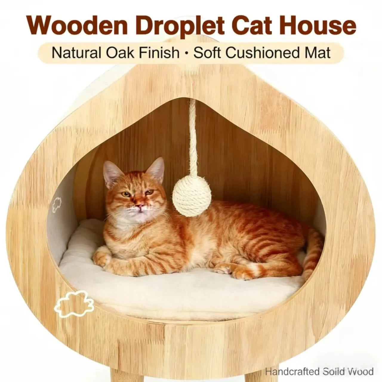 Modern Solid Wood Cat House with Scratching Wall, Cozy Cave Hideout for Indoor Cats