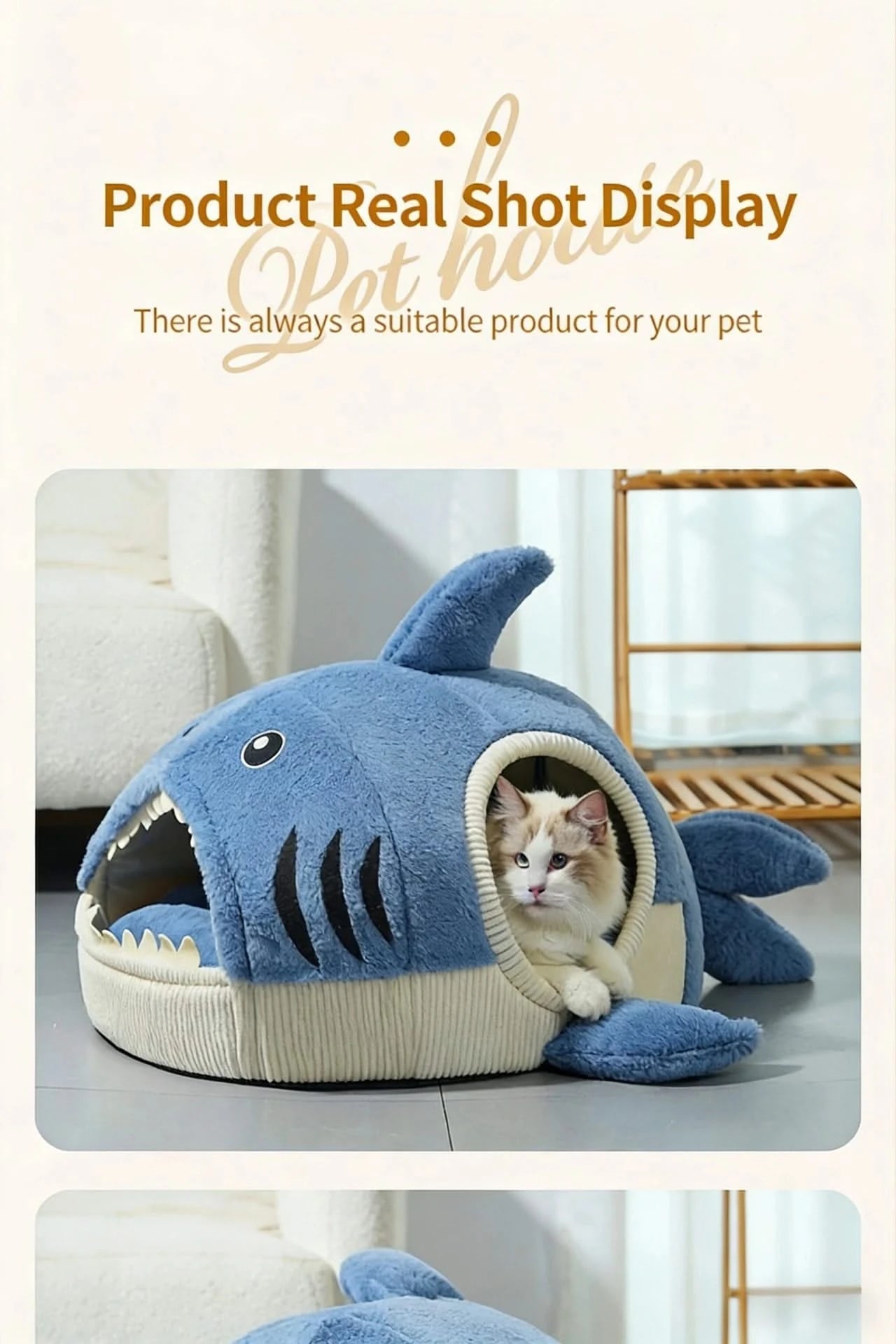 Cat Bed, Shark Shape, Fluffy Plush, Blue/White, Open Mouth Entrance, All-Season