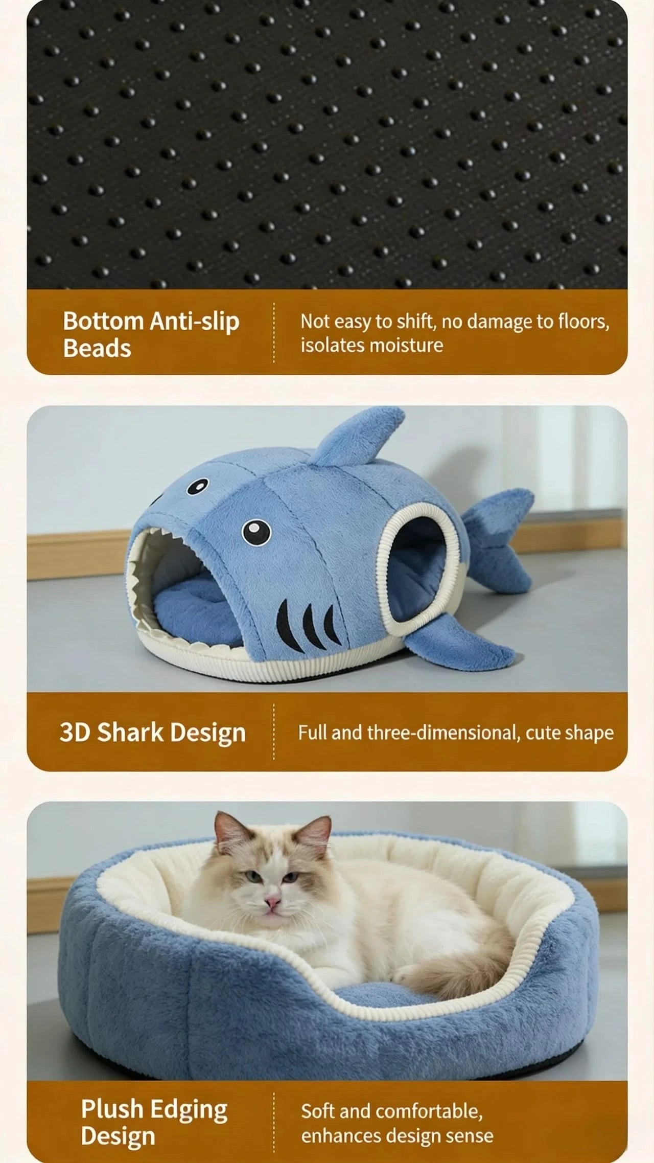 Cat Bed, Shark Shape, Fluffy Plush, Blue/White, Open Mouth Entrance, All-Season