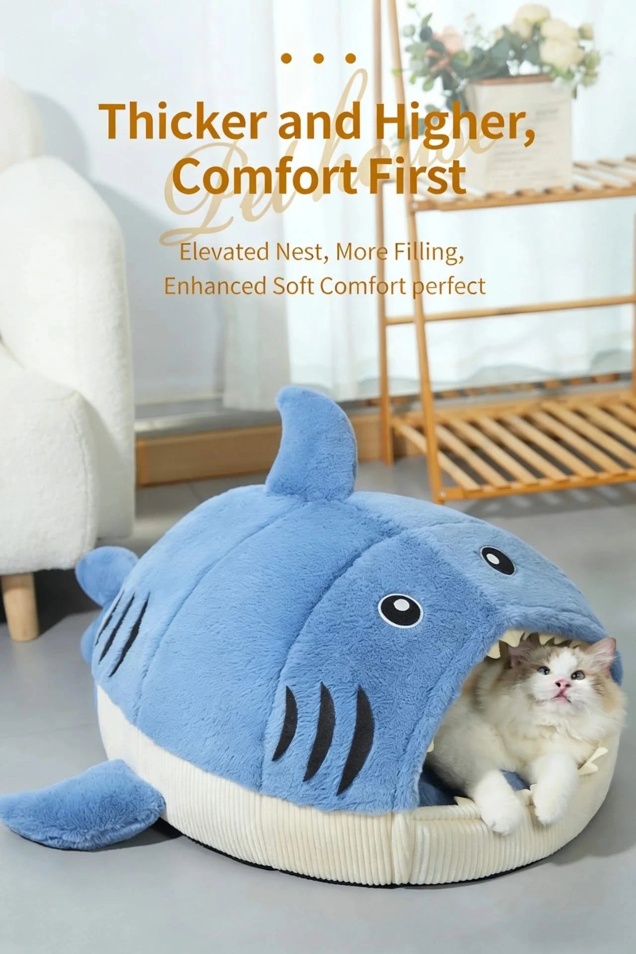 Cat Bed, Shark Shape, Fluffy Plush, Blue/White, Open Mouth Entrance, All-Season