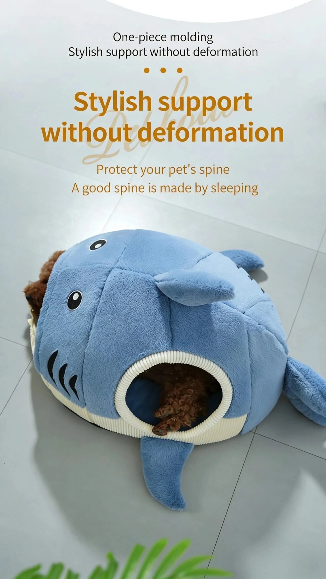 Cat Bed, Shark Shape, Fluffy Plush, Blue/White, Open Mouth Entrance, All-Season