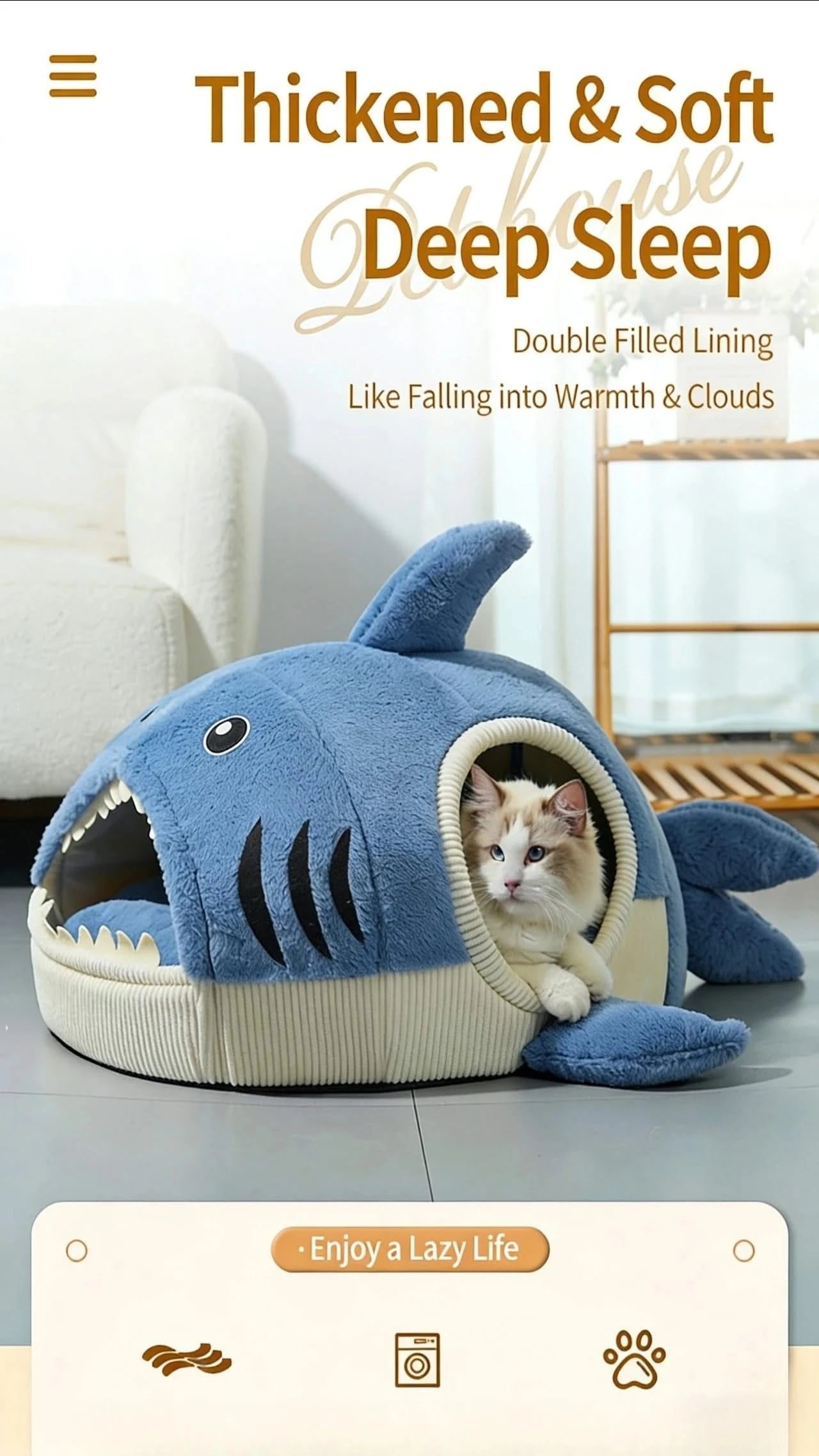 Cat Bed, Shark Shape, Fluffy Plush, Blue/White, Open Mouth Entrance, All-Season
