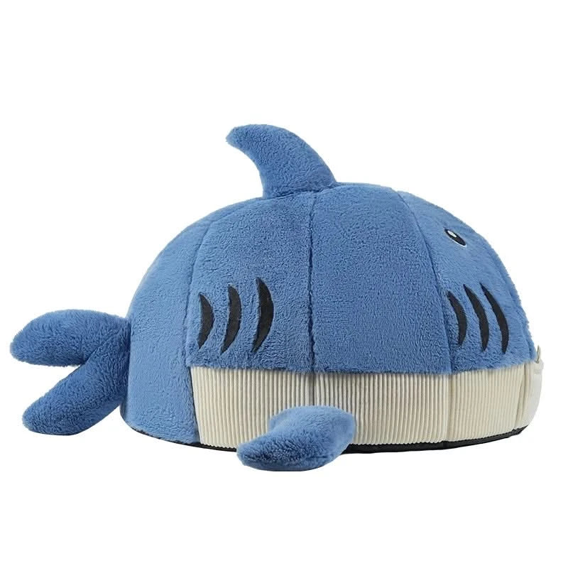 Cat Bed, Shark Shape, Fluffy Plush, Blue/White, Open Mouth Entrance, All-Season