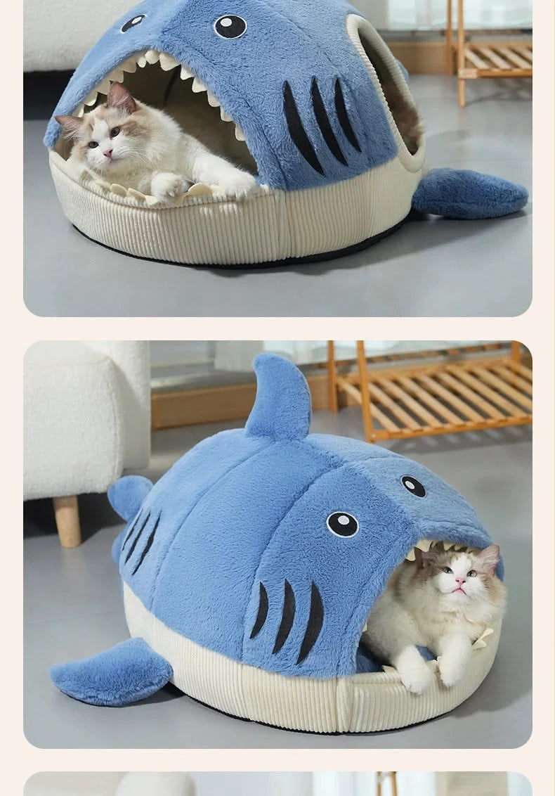 Cat Bed, Shark Shape, Fluffy Plush, Blue/White, Open Mouth Entrance, All-Season