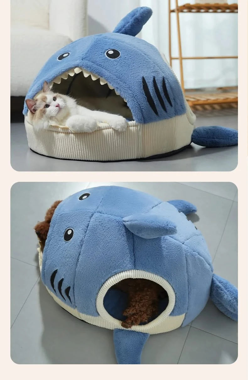 Cat Bed, Shark Shape, Fluffy Plush, Blue/White, Open Mouth Entrance, All-Season