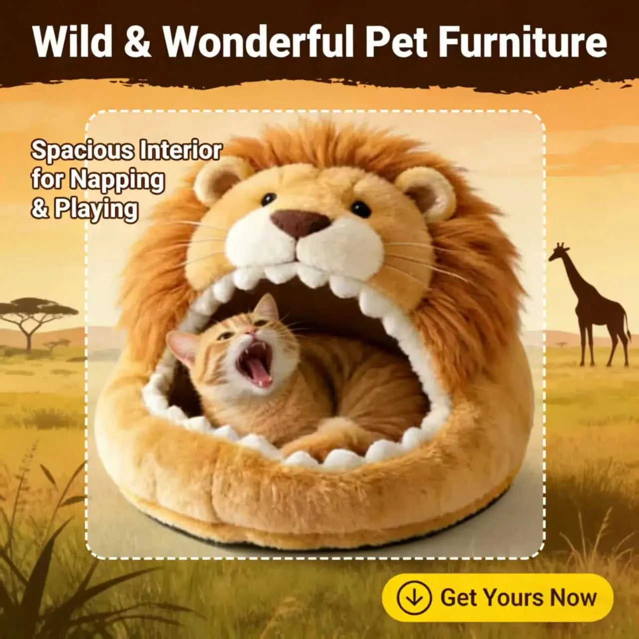 Cozy Cat Bed, Lion Head Cave Design, Soft Plush, Beige with Mane, Premium Material