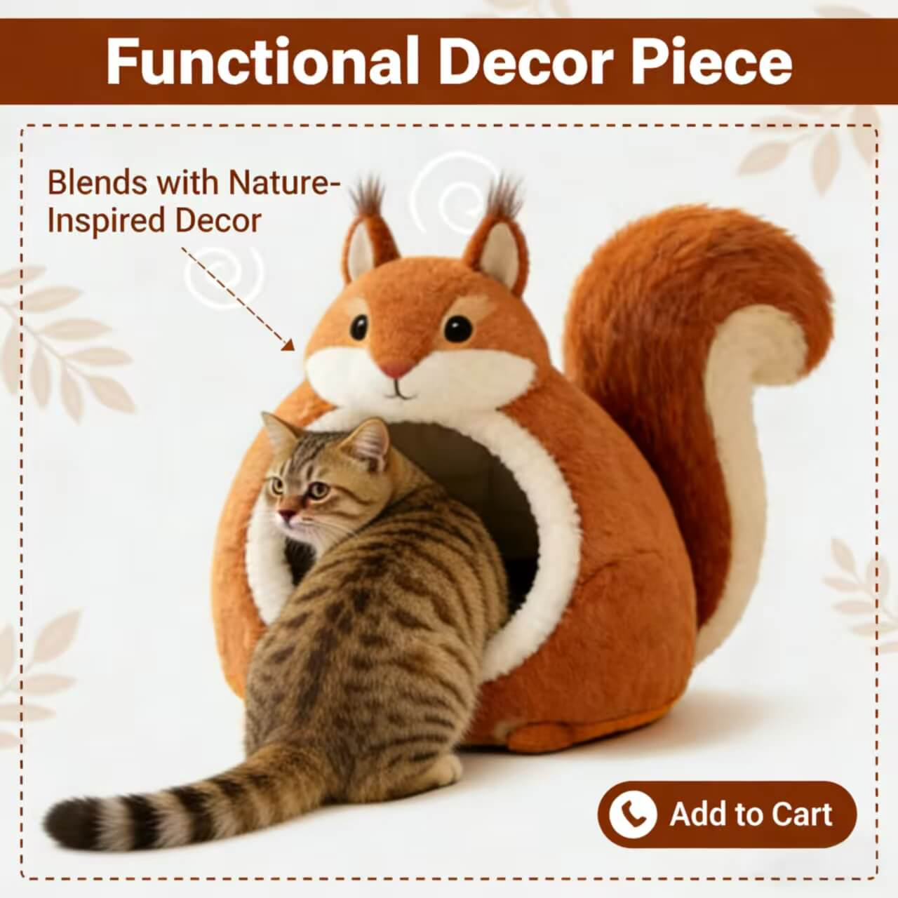 Premium Pet Bed for Cats, Squirrel Shape, Plush Fabric, Brown/White, Cozy Nook, All-Season