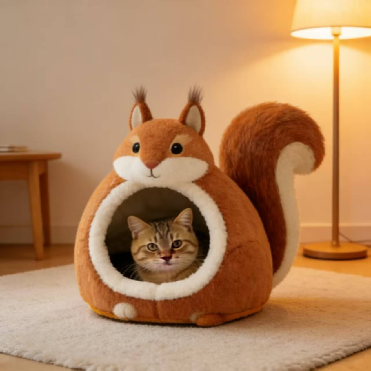 Premium Pet Bed for Cats, Squirrel Shape, Plush Fabric, Brown/White, Cozy Nook, All-Season