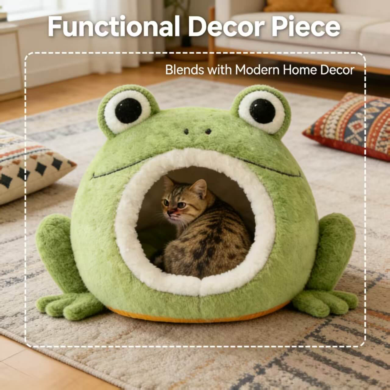 Washable Pet Bed for Cats, Frog Mouth Cave, 3D Eyes, Soft Plush, Green, All-Season