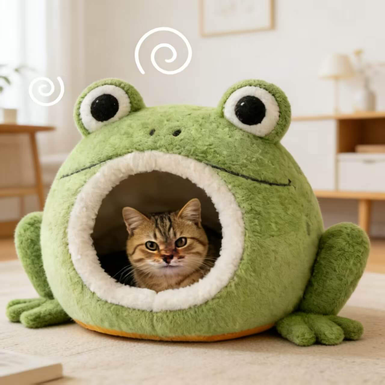 Washable Pet Bed for Cats, Frog Mouth Cave, 3D Eyes, Soft Plush, Green, All-Season