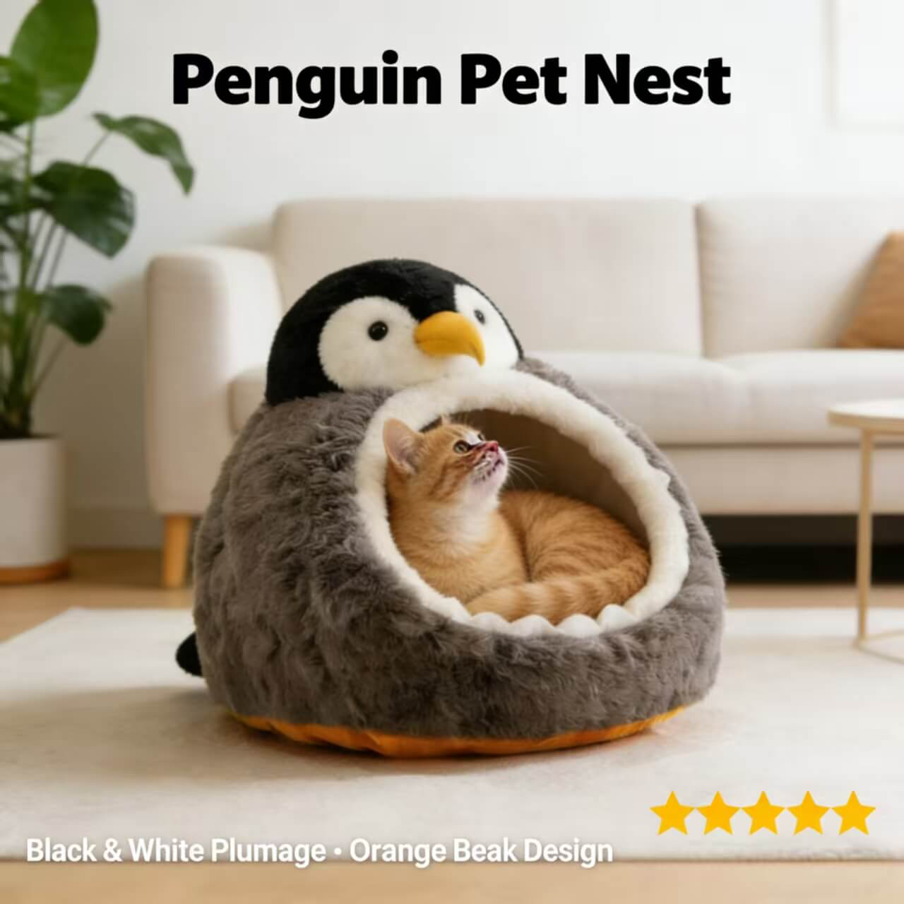 Cozy Cat Bed, Penguin Sanctuary Design, Plush Gray Fur, Non-Slip Base, 3D Beak/Flipper