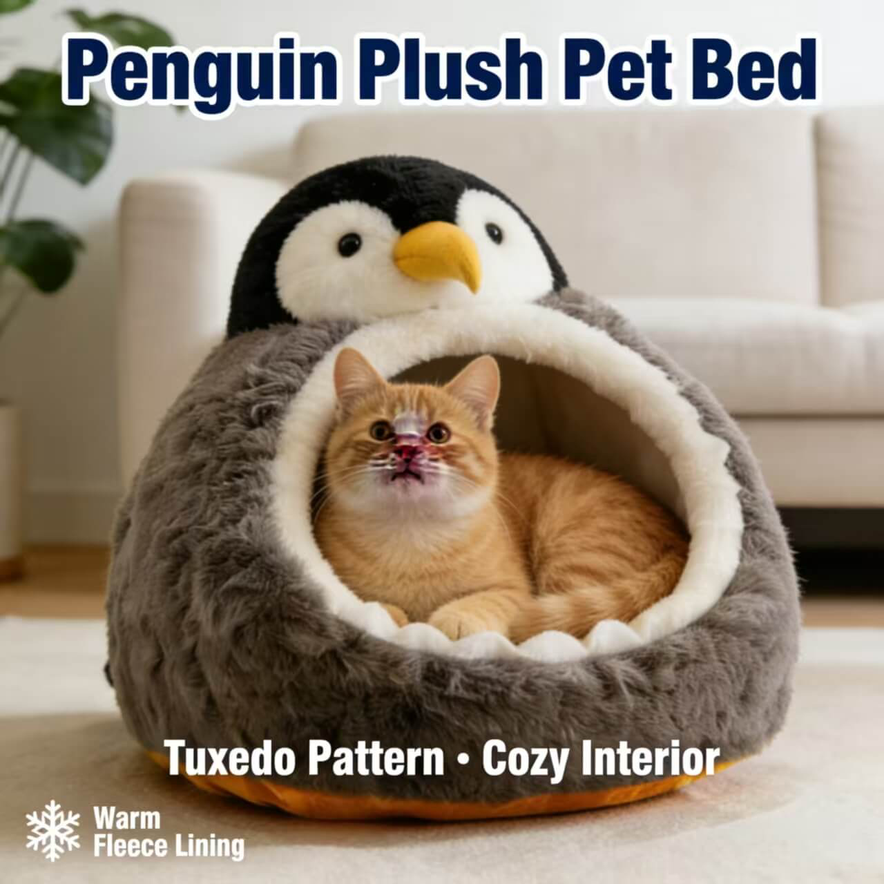 Cozy Cat Bed, Penguin Sanctuary Design, Plush Gray Fur, Non-Slip Base, 3D Beak/Flipper