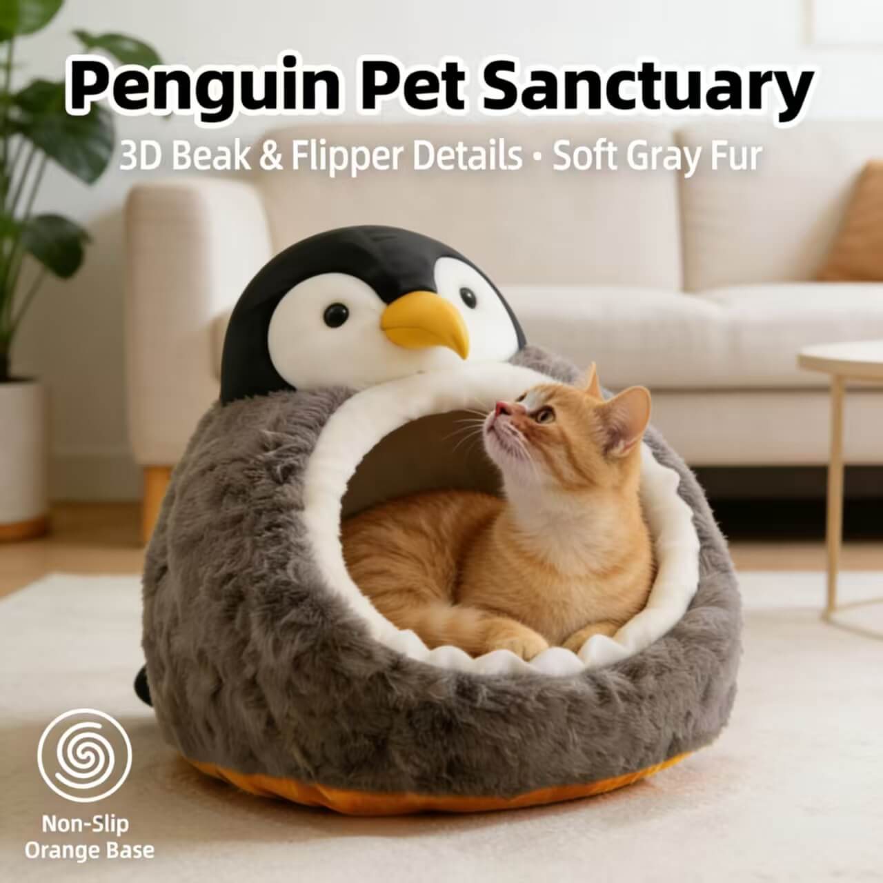 Cozy Cat Bed, Penguin Sanctuary Design, Plush Gray Fur, Non-Slip Base, 3D Beak/Flipper