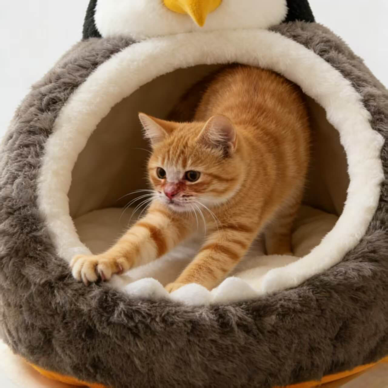 Cozy Cat Bed, Penguin Sanctuary Design, Plush Gray Fur, Non-Slip Base, 3D Beak/Flipper