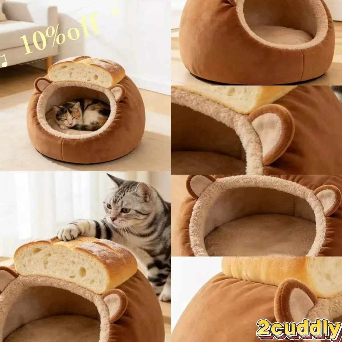 Cat Bed, Bread Shape, Plush Fabric, Brown/Beige, Winter Baking Cozy