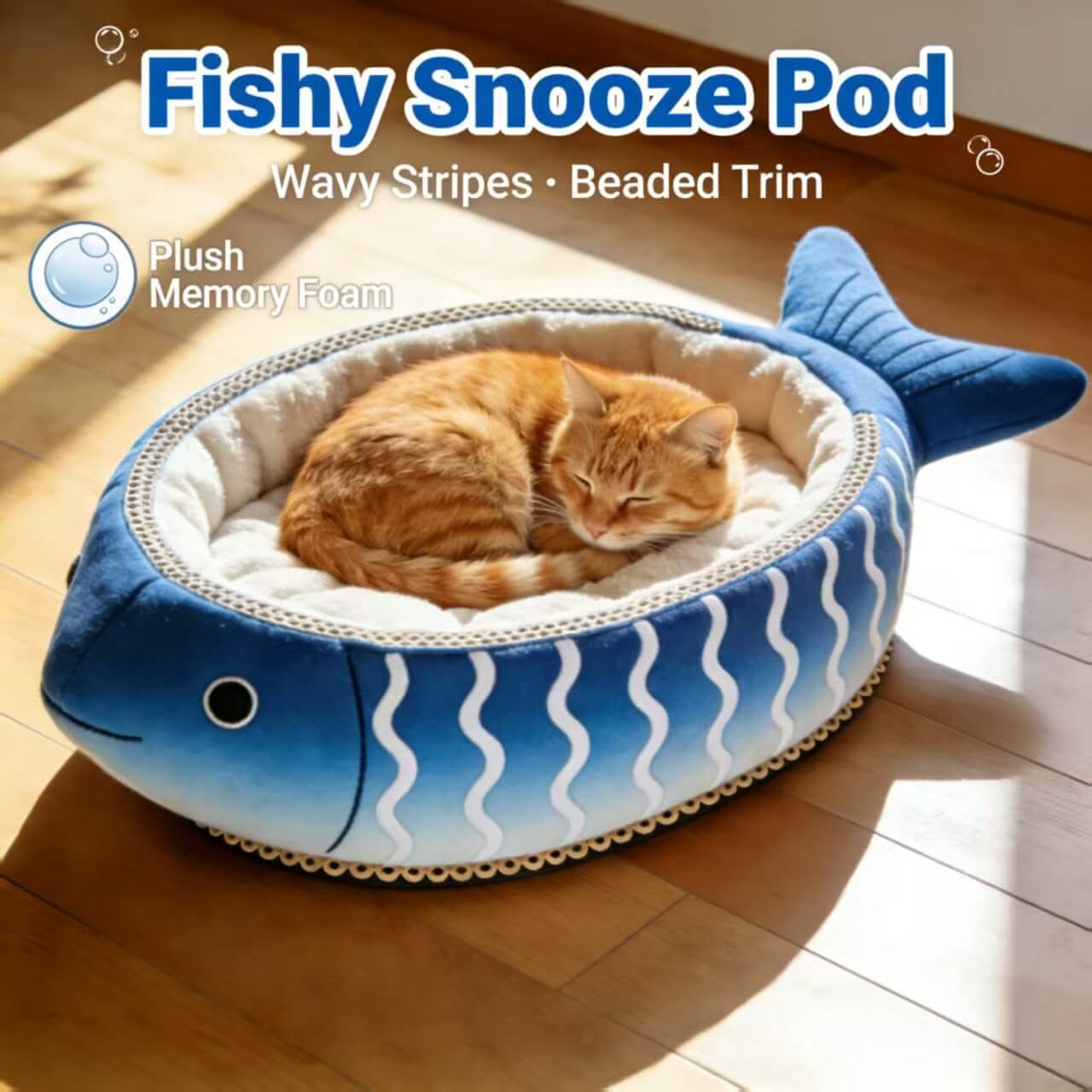 Ocean-Themed Cat Bed, Fish Structure, Non-Slip Base, Blue, Plush Details, Aquatic Nest