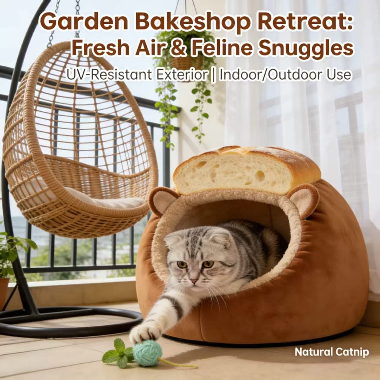 Cat Bed, Bread Shape, Plush Fabric, Brown/Beige, Winter Baking Cozy