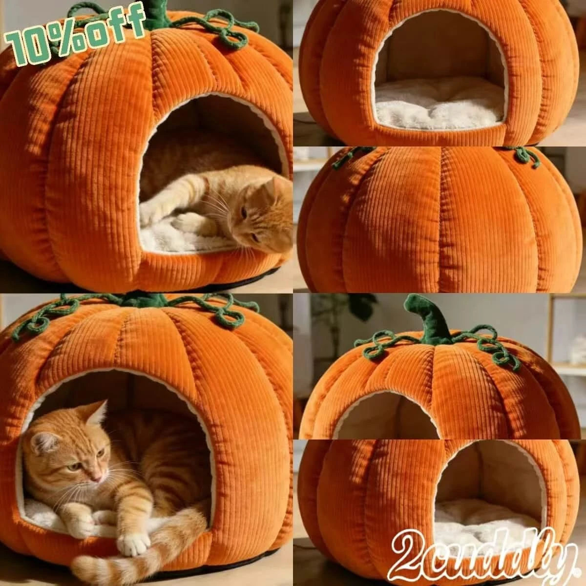 Warm Cat Bed, Pumpkin Shape, Corduroy Material, Soft Lining, Orange, Fall Themed