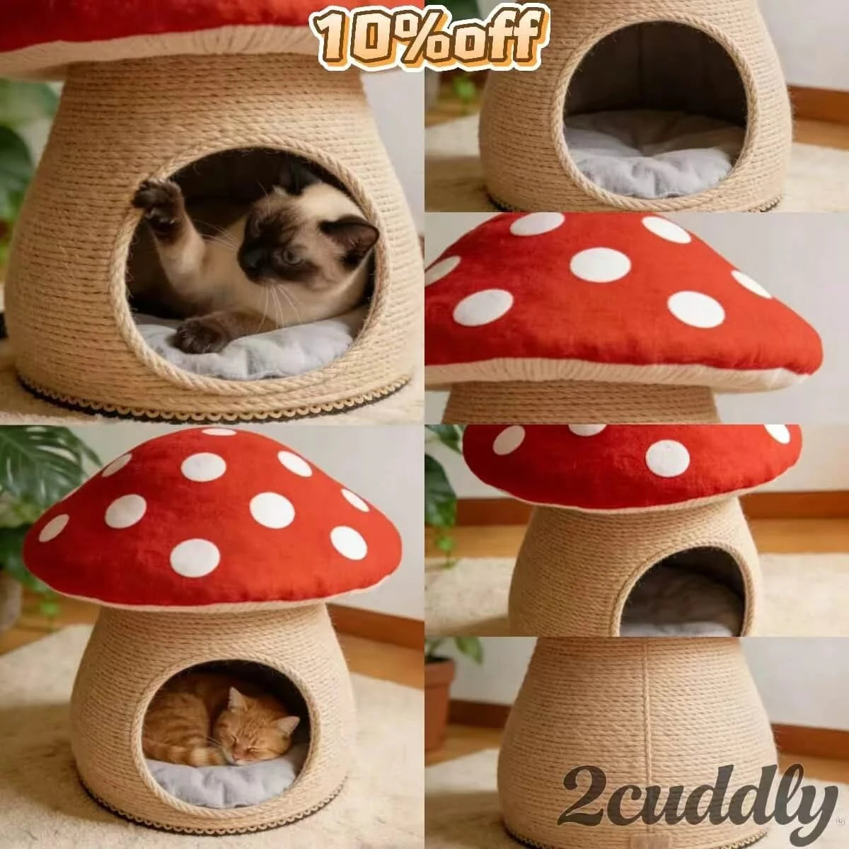 Cozy Cat Bed, Mushroom Cave Design, Soft Cushion, Red/White, Forest Theme Nest, All-Season