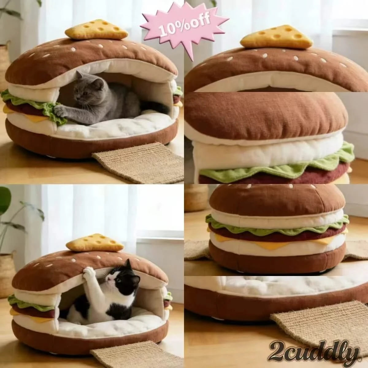 Novelty Hideaway Cat Bed, Hamburger Shape, Non-Toxic Fabric, Retro Decor Fit