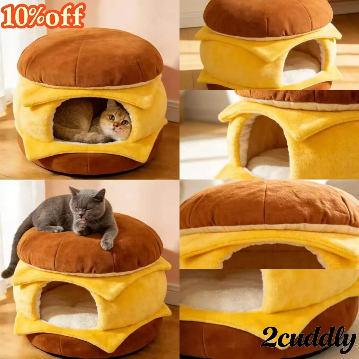 Cozy Cat Bed, Burger with Cheese Design, Soft Plush, Brown/Yellow, Cheesy Nook, All-Season