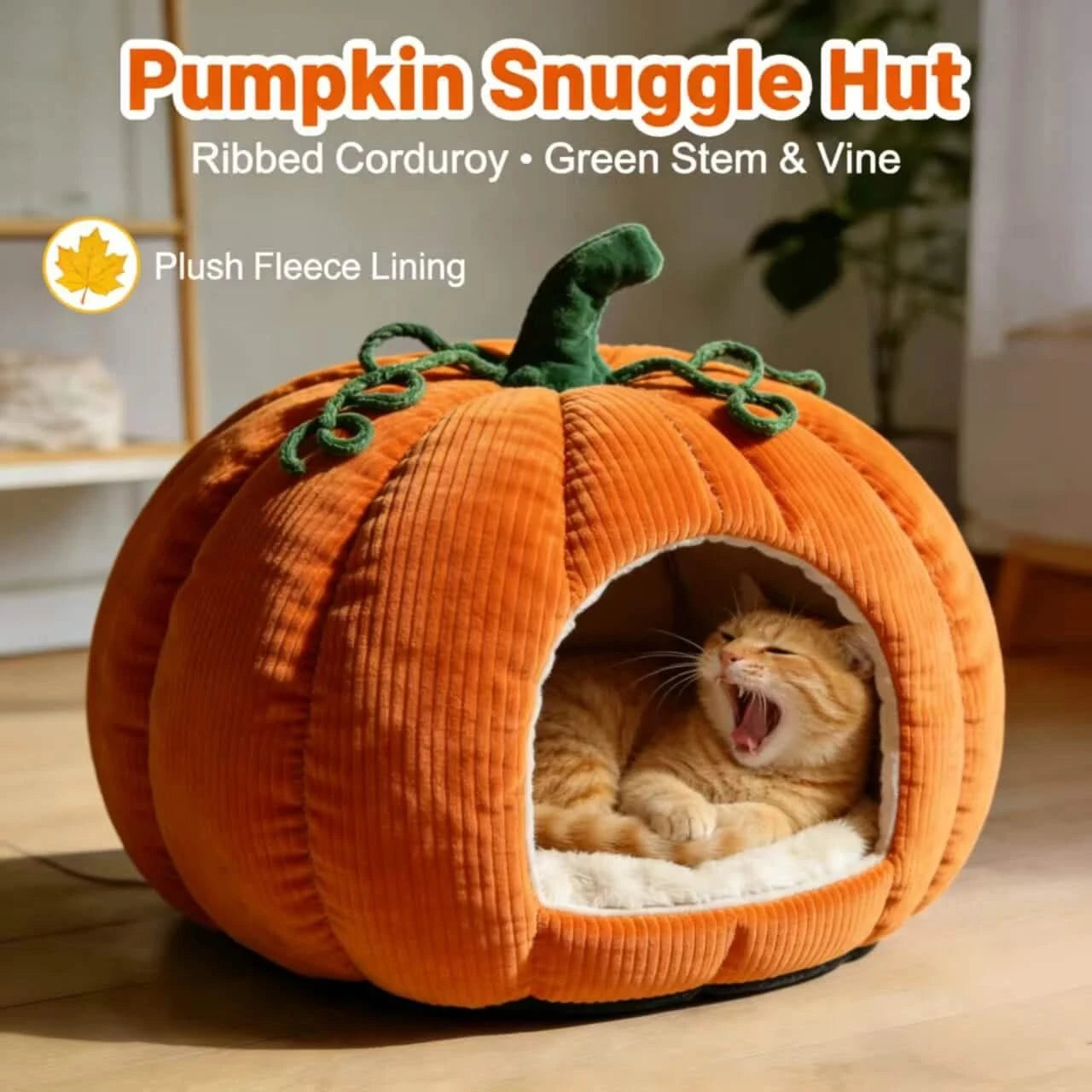 Warm Cat Bed, Pumpkin Shape, Corduroy Material, Soft Lining, Orange, Fall Themed