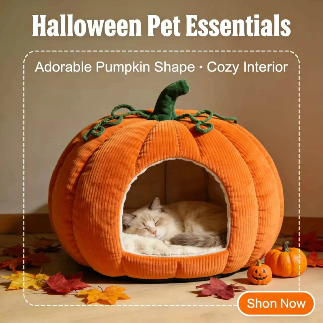 Warm Cat Bed, Pumpkin Shape, Corduroy Material, Soft Lining, Orange, Fall Themed