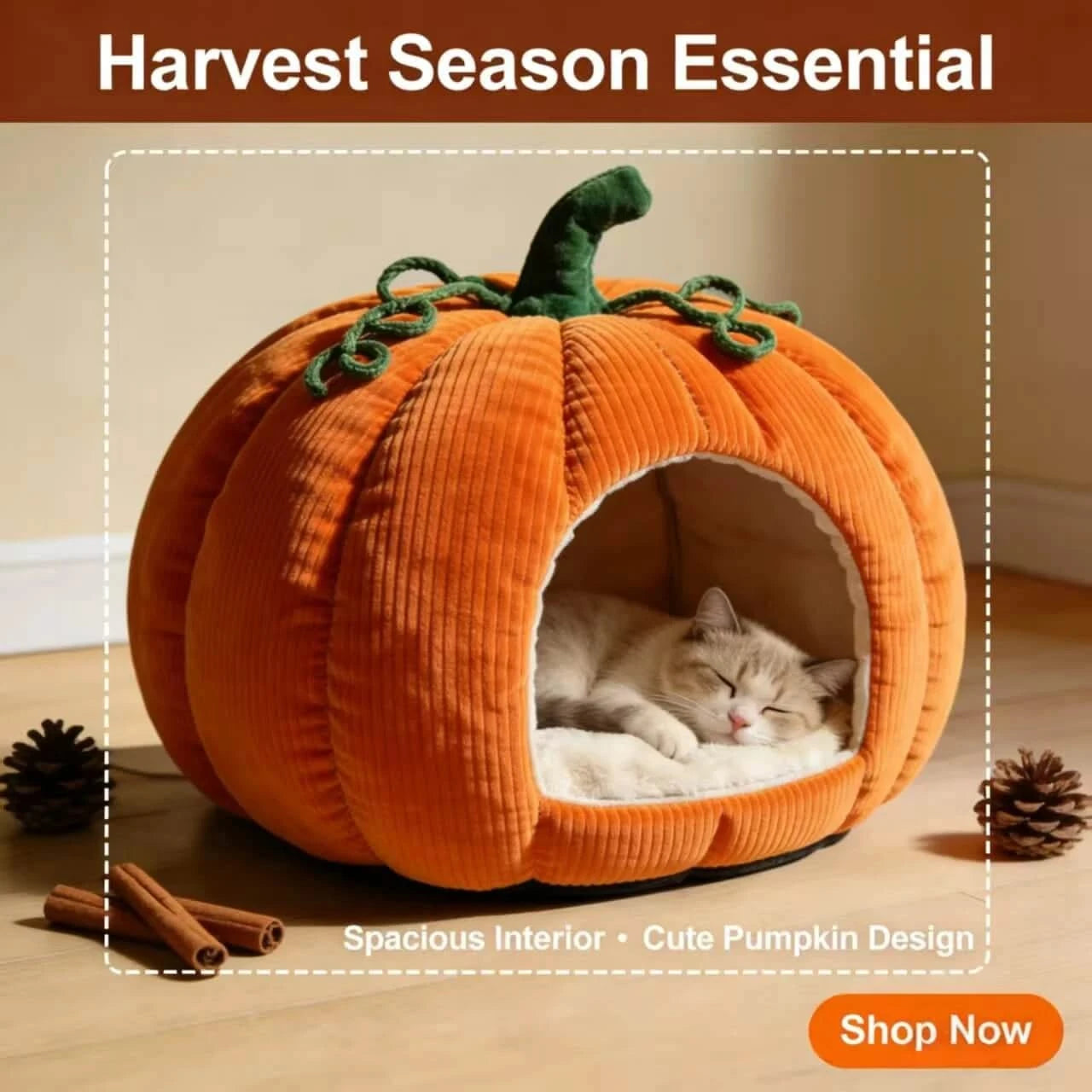 Warm Cat Bed, Pumpkin Shape, Corduroy Material, Soft Lining, Orange, Fall Themed
