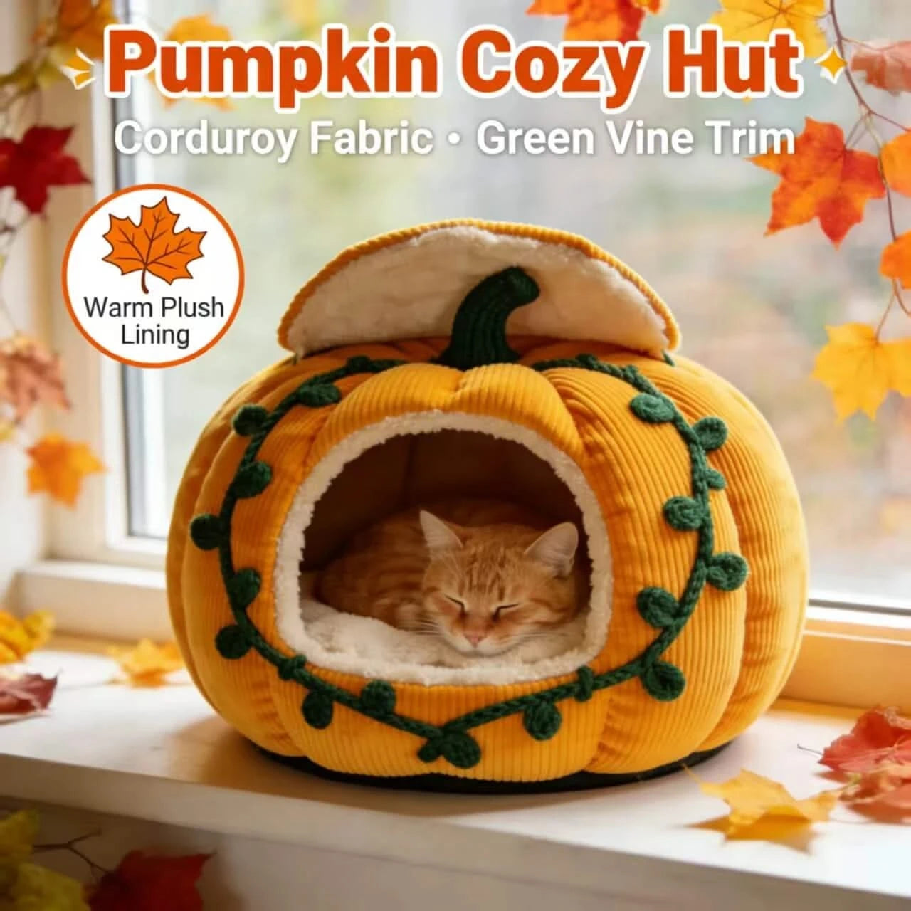 Fall-Themed Cat Bed, Pumpkin Cave Design, Soft Plush, Yellow, Harvest Season Decor, Cozy Nest
