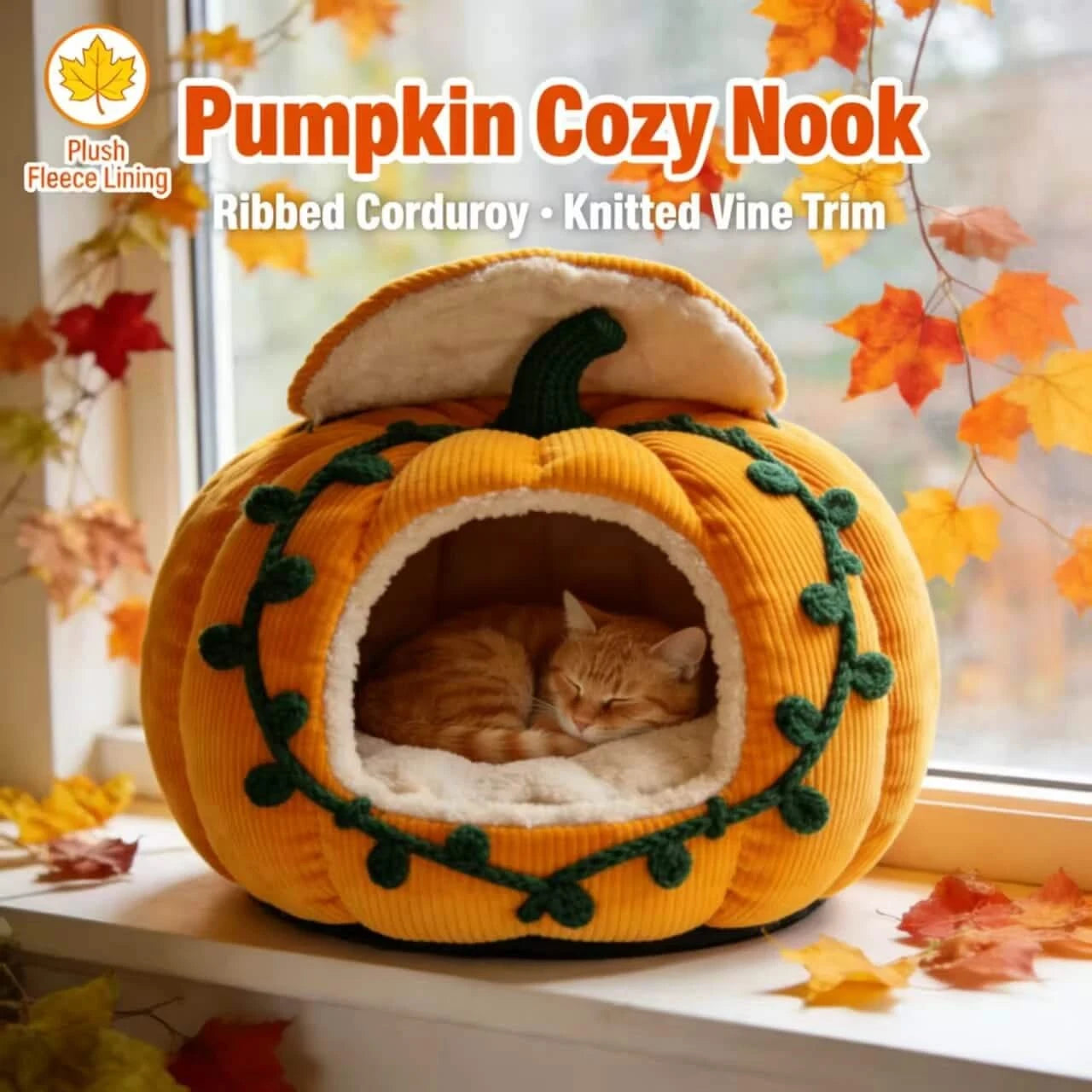 Fall-Themed Cat Bed, Pumpkin Cave Design, Soft Plush, Yellow, Harvest Season Decor, Cozy Nest