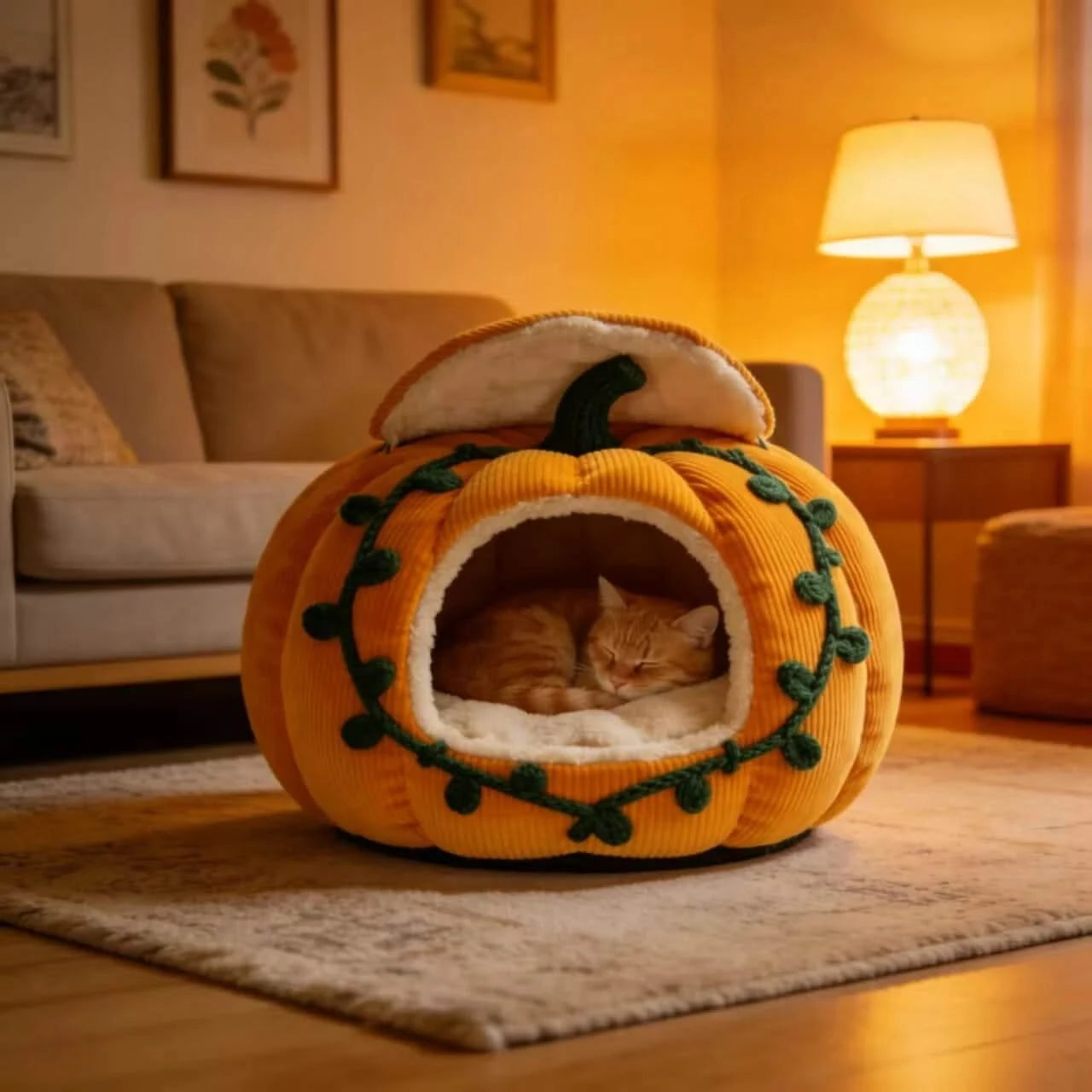 Fall-Themed Cat Bed, Pumpkin Cave Design, Soft Plush, Yellow, Harvest Season Decor, Cozy Nest