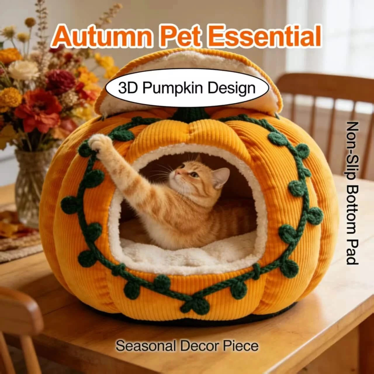 Fall-Themed Cat Bed, Pumpkin Cave Design, Soft Plush, Yellow, Harvest Season Decor, Cozy Nest