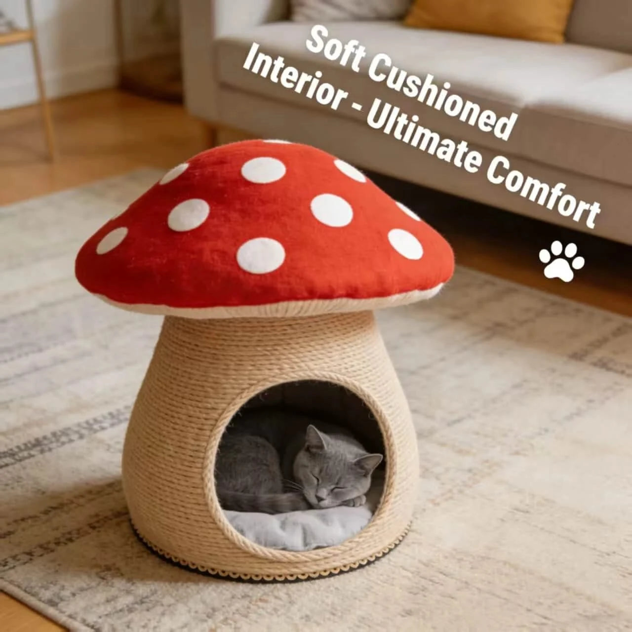 Cozy Cat Bed, Mushroom Cave Design, Soft Cushion, Red/White, Forest Theme Nest, All-Season