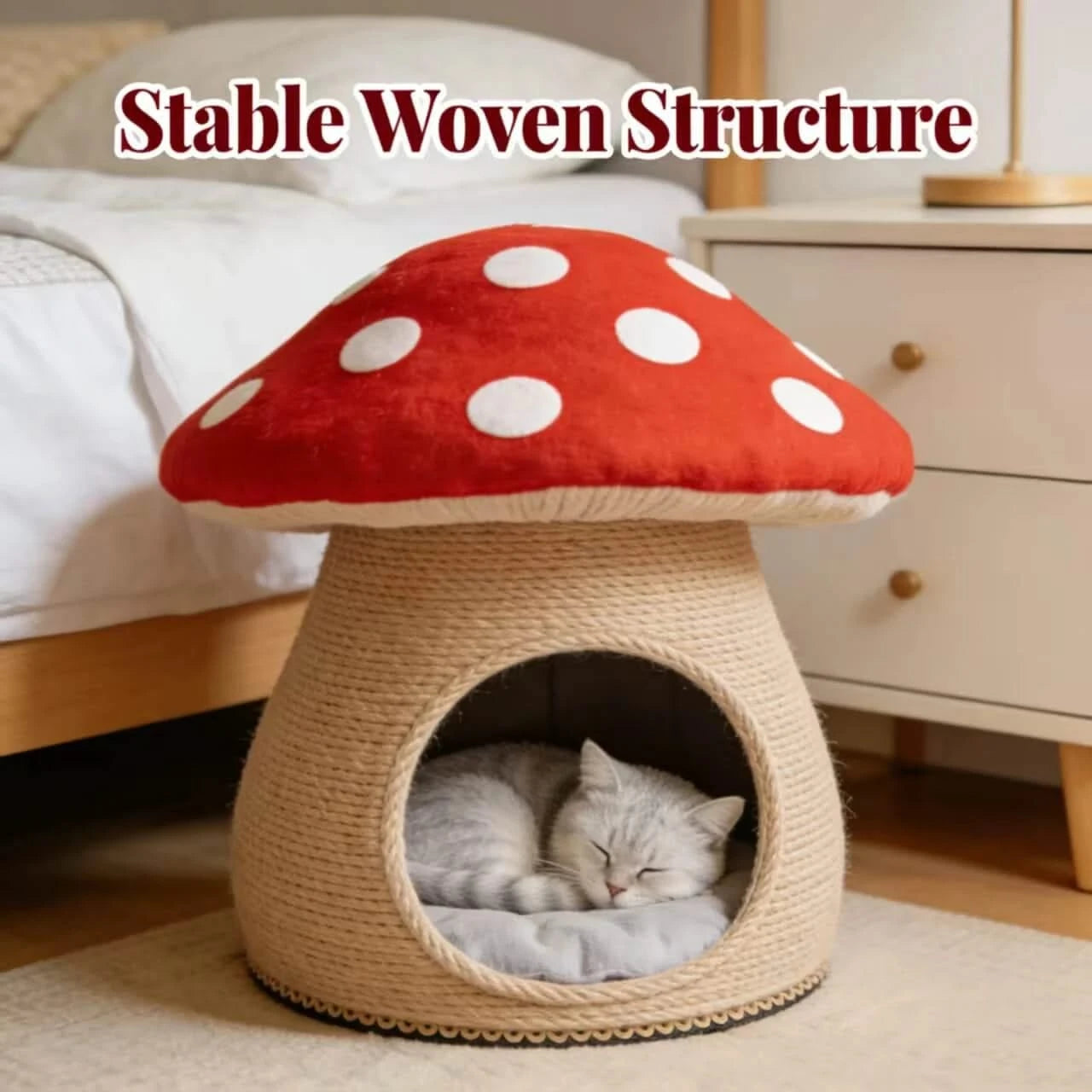 Cozy Cat Bed, Mushroom Cave Design, Soft Cushion, Red/White, Forest Theme Nest, All-Season