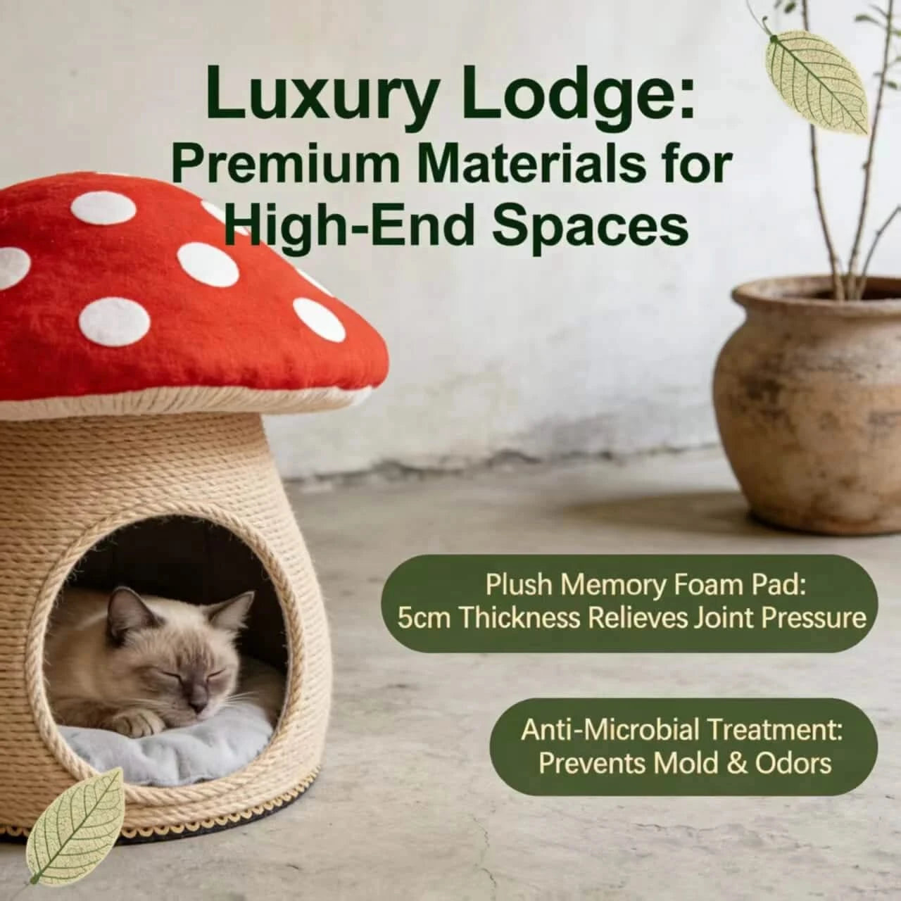 Cozy Cat Bed, Mushroom Cave Design, Soft Cushion, Red/White, Forest Theme Nest, All-Season