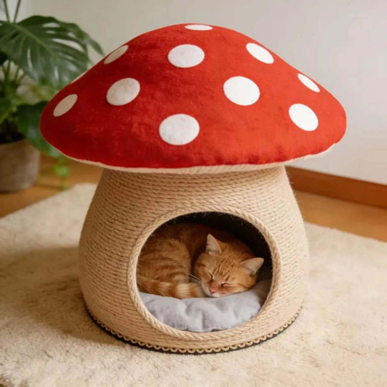 Cozy Cat Bed, Mushroom Cave Design, Soft Cushion, Red/White, Forest Theme Nest, All-Season