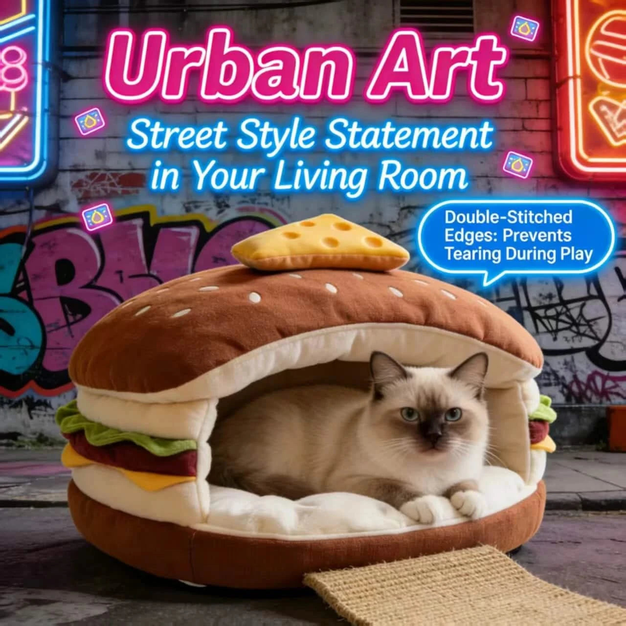 Novelty Hideaway Cat Bed, Hamburger Shape, Non-Toxic Fabric, Retro Decor Fit