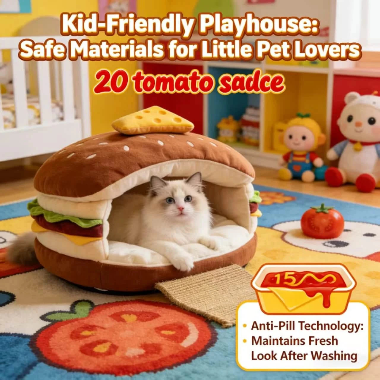 Novelty Hideaway Cat Bed, Hamburger Shape, Non-Toxic Fabric, Retro Decor Fit